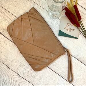 Vintage Camel Brown Genuine Leather Clutch Purse Blue Interior